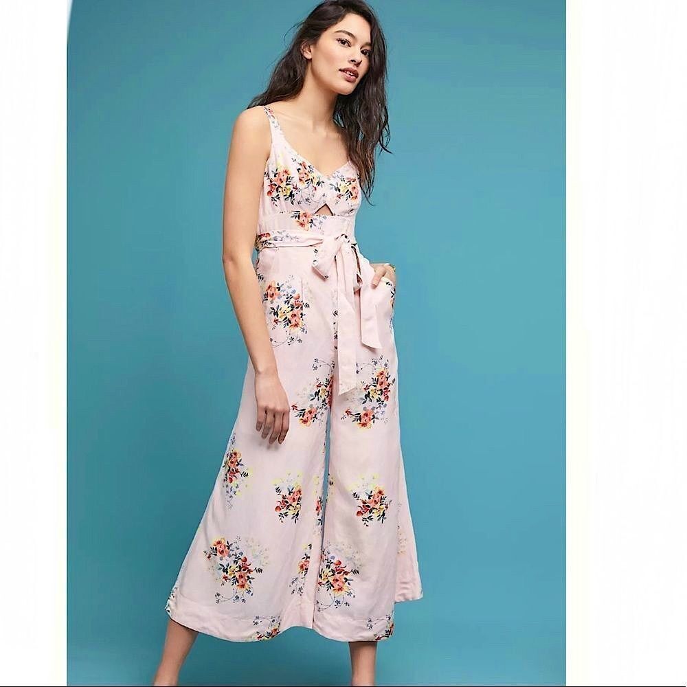 Anthropologie Akemi + Kin Adia Jumpsuit Light Pink Floral Linen Blend Size 4